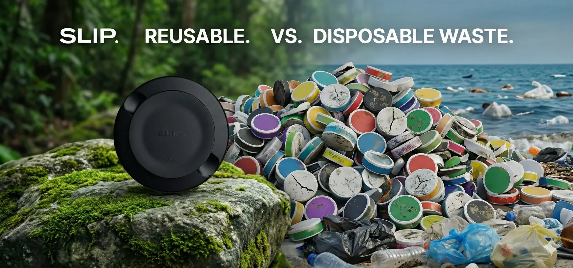 SLIP Reusable vs Disposable Waste - showing a premium reusable can compared to plastic waste